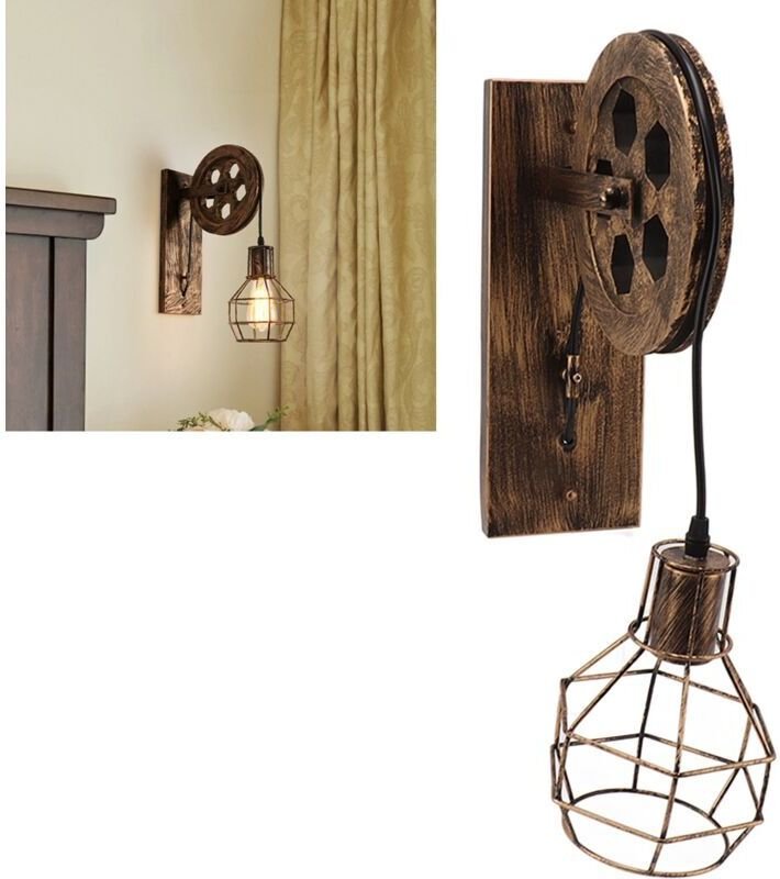 Retro-Wandleuchte aus Eisen und Holz, E27, E26, Vintage, Industrie-Stil, mit Seilzugmechanismus, Wandleuchte mit Käfigsc...