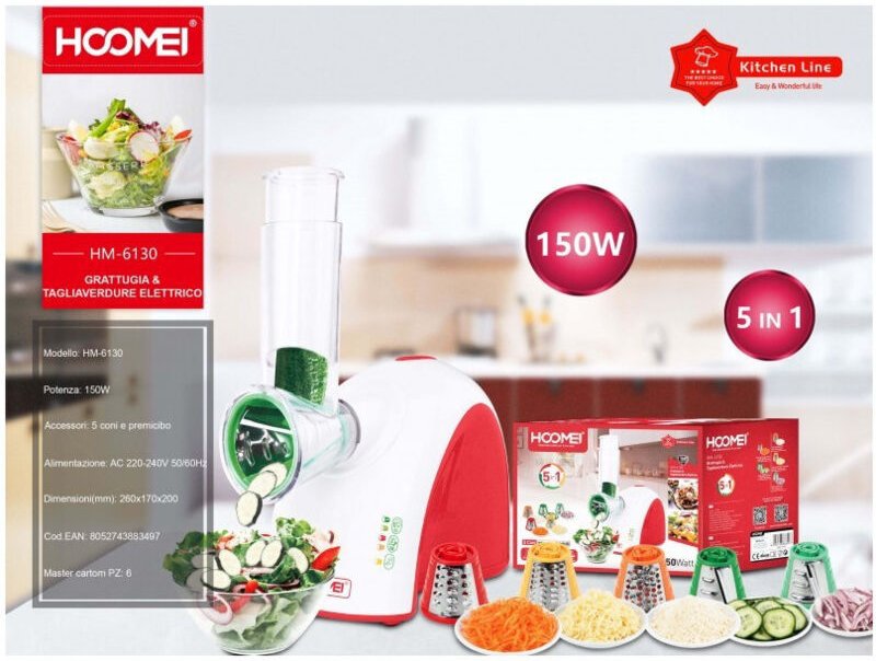 Trade Shop Traesio - Trade Shop - elektrischer gemüseschneider 150 watt gemüseschneider mit 5 austauschbaren zubehören -