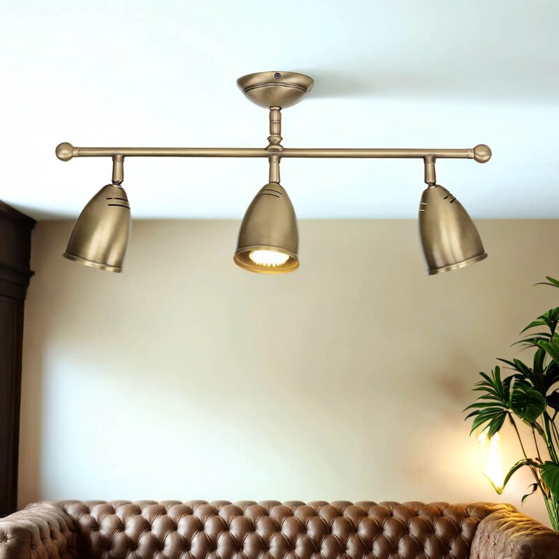 Deckenstrahler 3-falmmig E27 Deckenlampe Messing massiv 56 cm lang Wohnzimmerleuchte