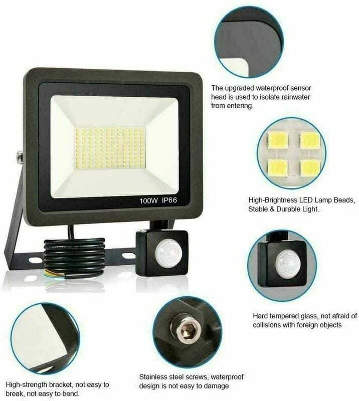 Thumbnail - ZVD - led Projecteur Extérieur 100W Avec Détecteur De Mouvement IP65 Étanche 60000(LM) Blanc Froid Éclairage Pour Jardin...
