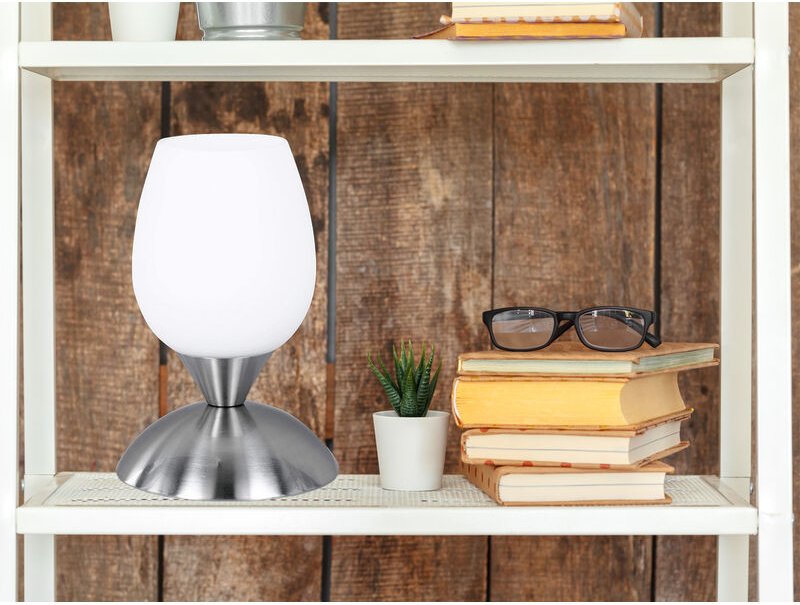 Meinewunschleuchte - led Tischleuchte Glasschirm Weiß, Sockel Silber - Touch dimmbar, Höhe 18cm