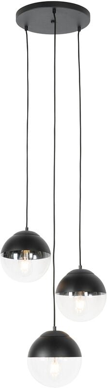 Retro-Hängelampe schwarz mit klarem Glas, rund, 3-flammig – Eclipse