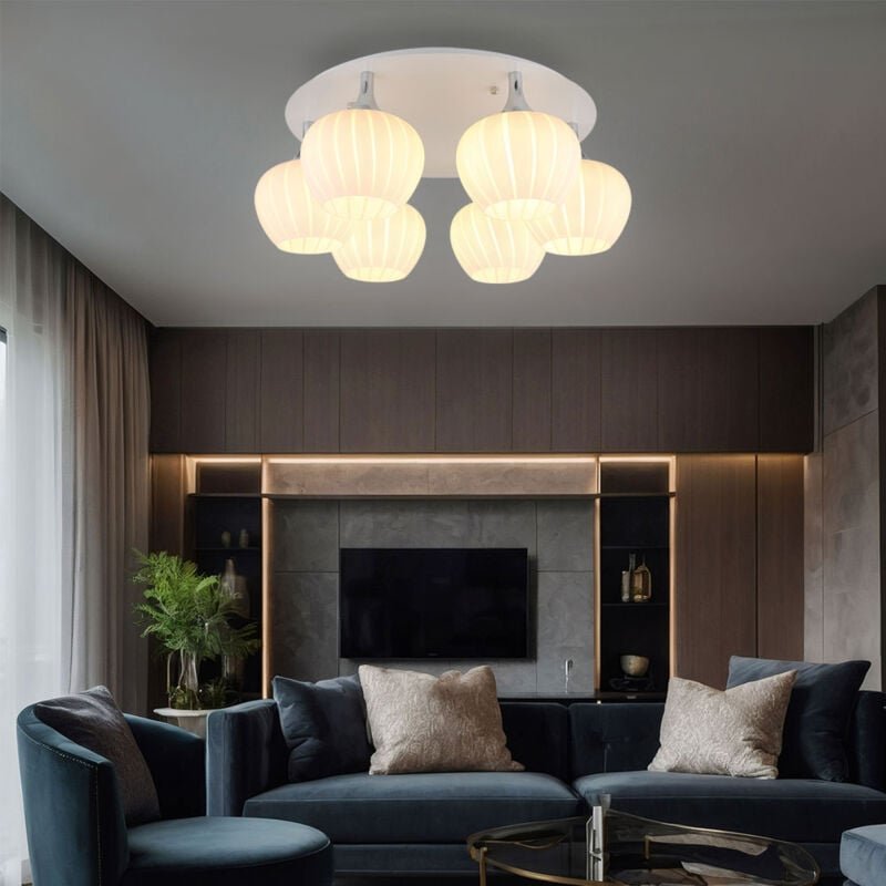 Globo - Deckenlampe Deckenleuchte Wohnzimmerleuchte Glas weiß gemustert verchromt 6xE27