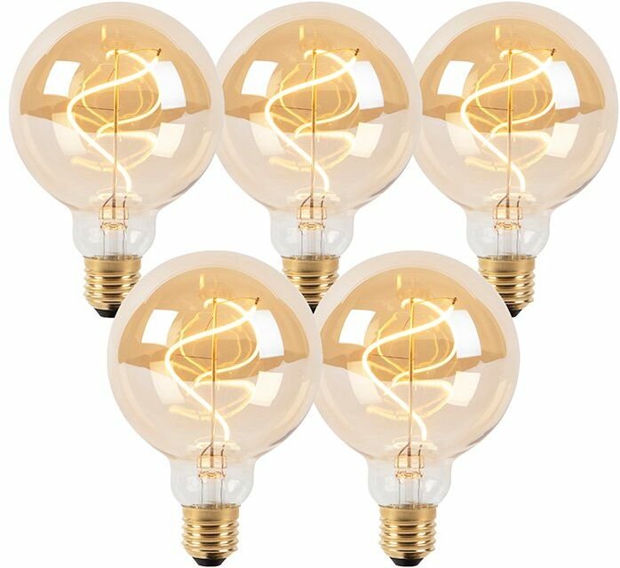 Luedd - Set mit 5 E27 dimmbaren LED-Glühfadenlampen G95 goldline