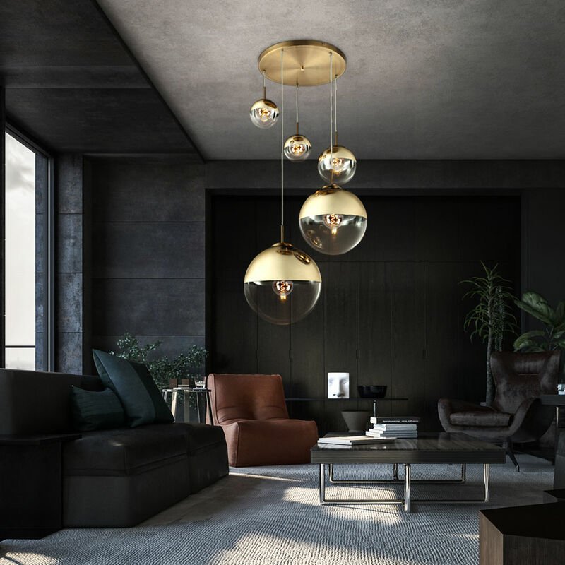 Pendelleuchte Esszimmer Hängelampe gold 5 flammig Wohnzimmerleuchte Loftlampe, Glas teilsatiniert, h 150 cm