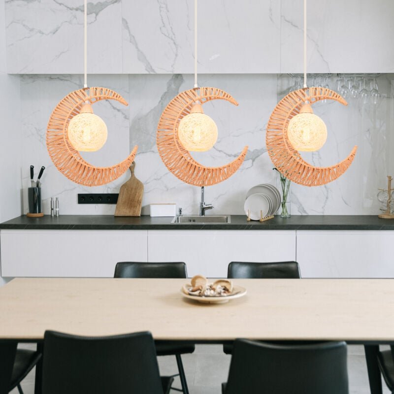 3 Stück Vintage Pendelleuchte Mond Hängeleuchte Papierkordel Lampenschirm Hängelampe Boho Deckenleuchte Ø38cm