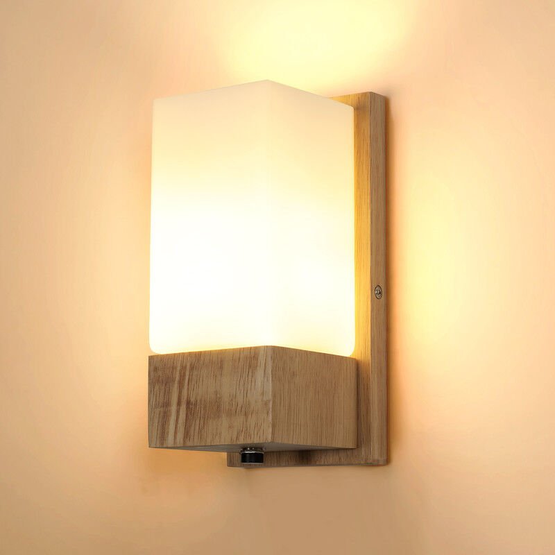 COMELY® Wandleuchte Holz für den Innenbereich, moderne E27-Wandlampe im minimalistischen Design, Wandleuchte mit Glassch...