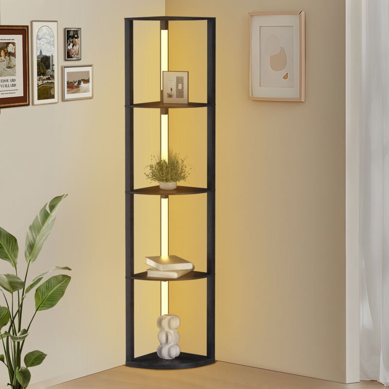 Jiubiaz Stehleuchte Regal, Standleuchte Holz, Stehlampe, Moderne Innenbeleuchtung mit 4-Ebenen, Bodenlampe fuer Schlafzi...