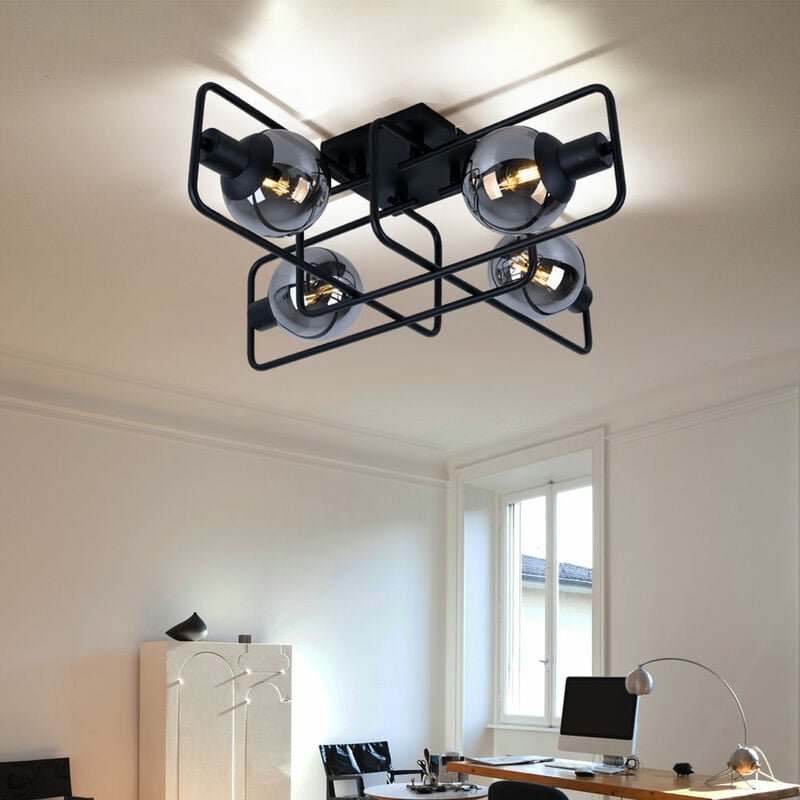 Deckenleuchte schwarz Industriell Deckenlampe Retro rauchfarben Wohnzimmerleuchte Glas Kugeln, Metall, 4 Flammig E14, Lx...