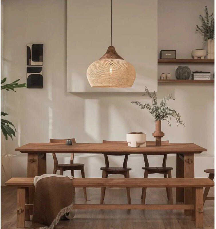 Wabi-Sabi-Hängeleuchte aus beigefarbenem Rattan – Dekorative Retro-Beleuchtung für den Innenbereich