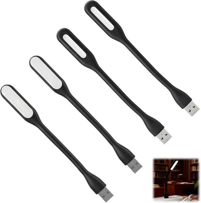 4er-Set Mini-LED-Lampen mit flexiblem Schwanenhals für Laptop und Tastatur, Schwarz – Flexible Schreibtischlampe, USB-Ta...