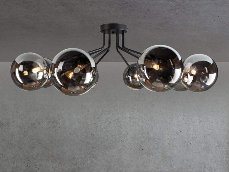 Led Deckenleuchte 8-flammig Schwarz Glaskugeln Rauchglas, Breite 88cm