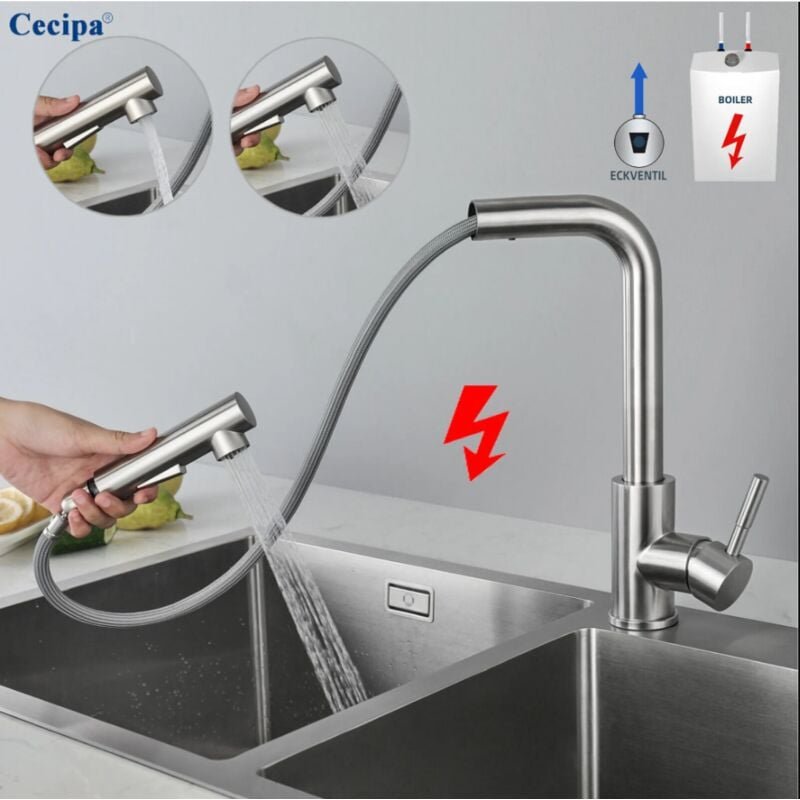 Thumbnail - Cecipa Niederdruck-Ausziehbar Küche Wasserhahn Mischbatterie, Küchenarmatur mit Brause Zwei Wasserstrahlarten Gebürstete...
