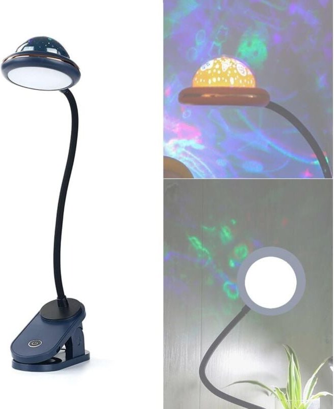 Kinder-Klemmlampe, wiederaufladbares LED-Klemmleselicht mit Sternenprojektion, 4000 K Schwanenhals-Nachttischlampe, 360°...