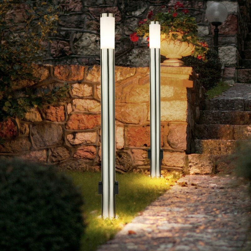 Außenstehleuchte Gartenlampe Wegeleuchte 2x Steckdose Pollerleuchte silber, 1x E27, DxH 13,1 x 110 cm, 2er Set