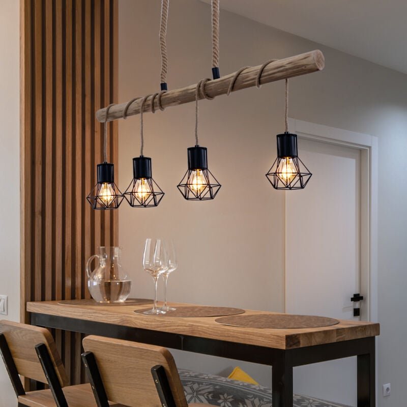 Hängeleuchte Holzbalken natur Pendelleuchte Käfig schwarz Hängelampe Holz Landhausstil, schwarz, 4x E27 Fassungen, LxBxH...