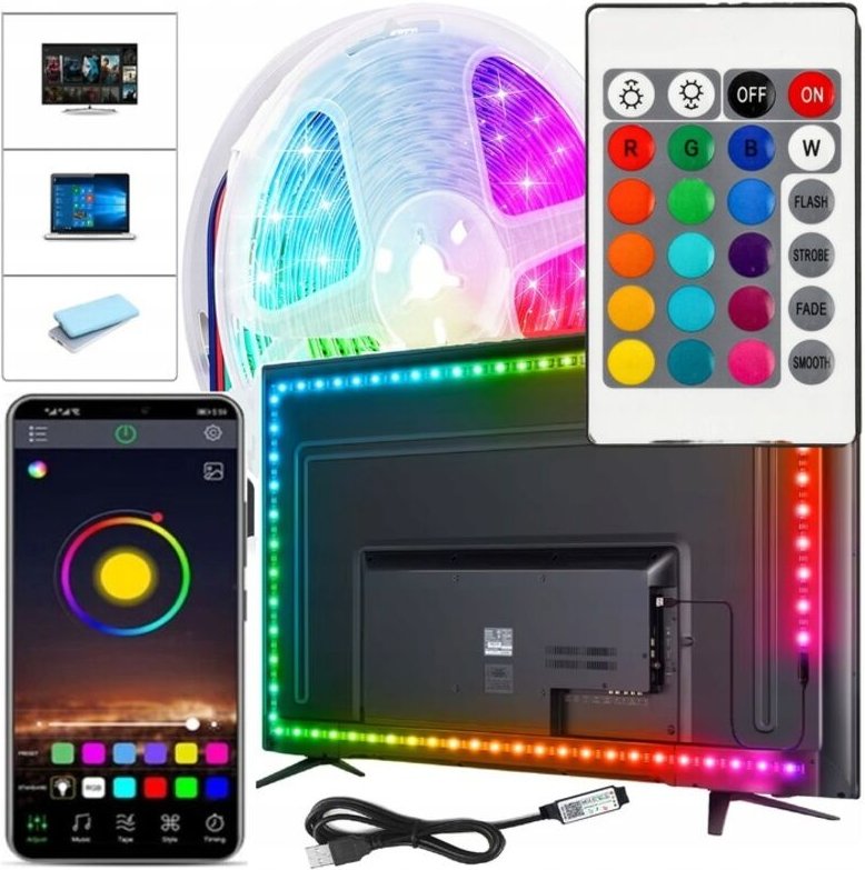 LED-TV-Streifen RGB-Hintergrundbeleuchtung, USB-Fernbedienung, Bluetooth-App, 3 m