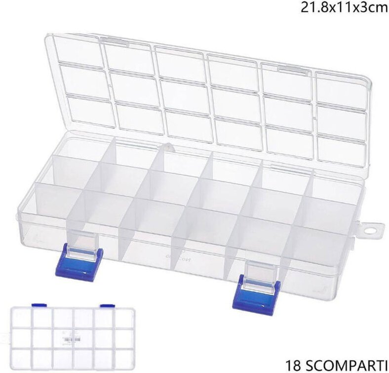 Trade Shop Traesio - Trade Shop - Aufbewahrungsbox mit 18 Fächern, praktischer Behälter, Maße 21,8 x 11 x 3 cm -