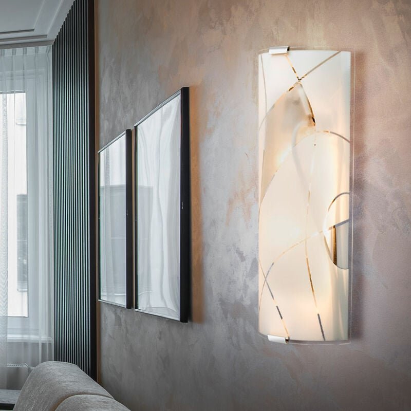 Wandleuchte Wandlampe Flurleuchte Wohnzimmerleuchte Glas satiniert chrom, Dekorlinien, 2x E27 Fassungen, BxHxT 36x15x6 c...