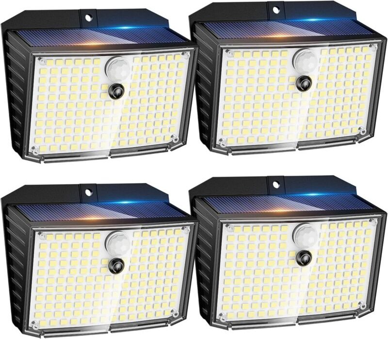 Solarleuchte mit Bewegungsmelder, 4 Solarleuchten, 158 kaltweiße LEDs, 3 Modi mit Bewegungsmelder, wasserdichte Solar-Wa...