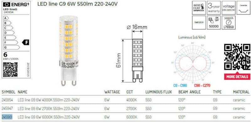 LL-G9-6W-CW-245961: LL-G9-6W-CW-245961: LED line® G9 SMD Lampe 230V kalt 6W NEU