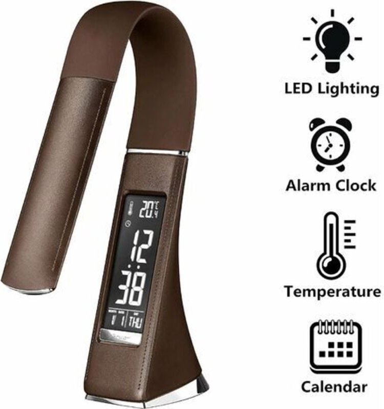 LED-Schreibtischlampe mit dimmbarem Bildschirm, Wecker, Kalender, Temperaturanzeige, Nachttischlampe mit 3 Helligkeitsst...