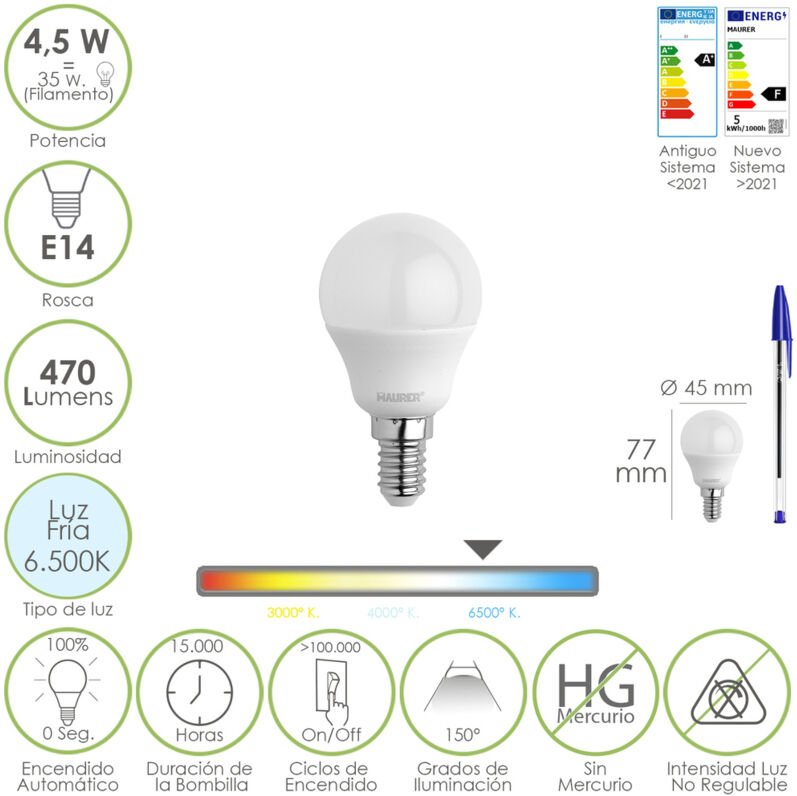 Maurer - Bombilla Led Esferica Rosca E14 4.5 Watt. Equivale a 55 Watt. 470 Lumenes. Luz Fria (6500º k)