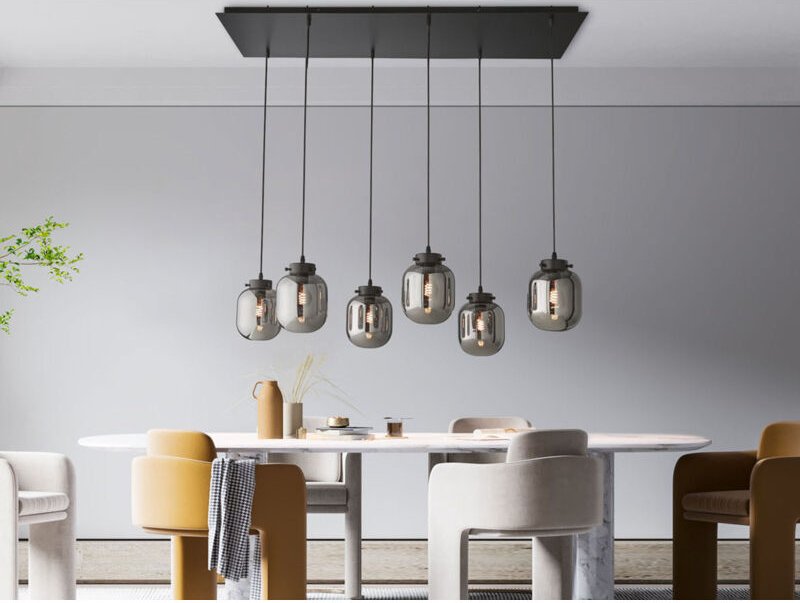 Pendelleuchte regi mehrflammig mit 6 Rauchglas Glaskugeln, Breite 115cm