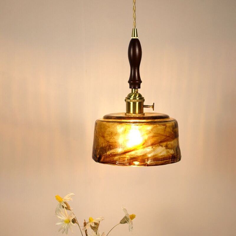 Jahrgang Pendelleuchte Bernstein Deckenleuchte Design Kreative Lampenschirm Hängelampe Glas Kronleuchter - Holz Ø17CM