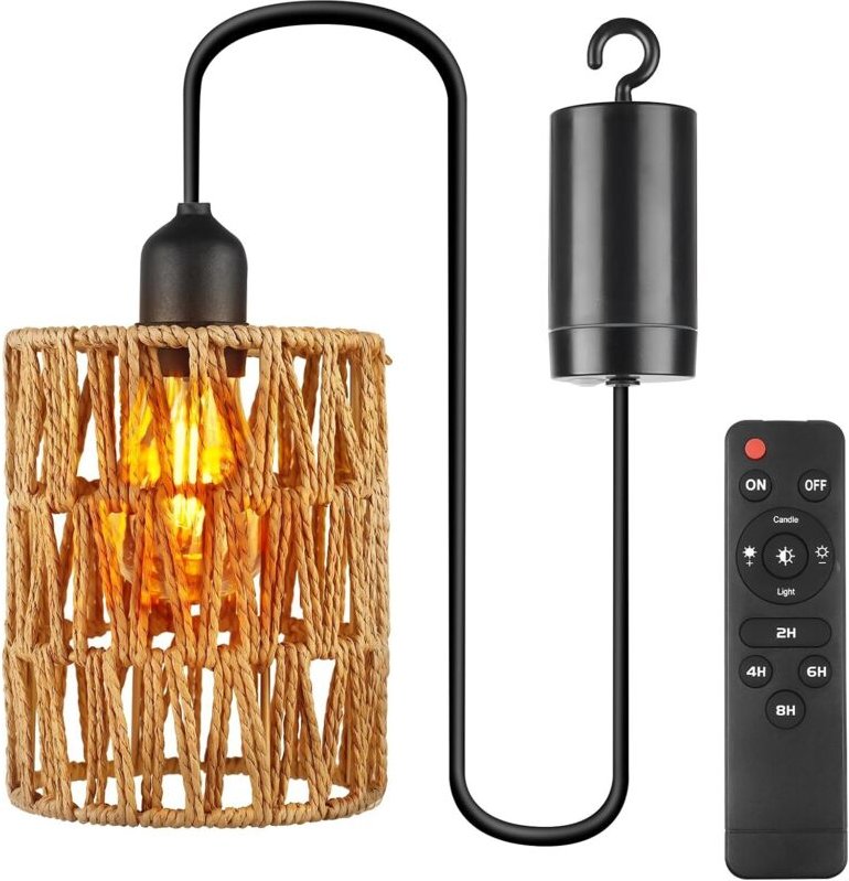 Batteriebetriebene Pendelleuchte mit Fernbedienung – kein Netzanschluss erforderlich – Rattanlampe – Boho-Lampe für Terr...