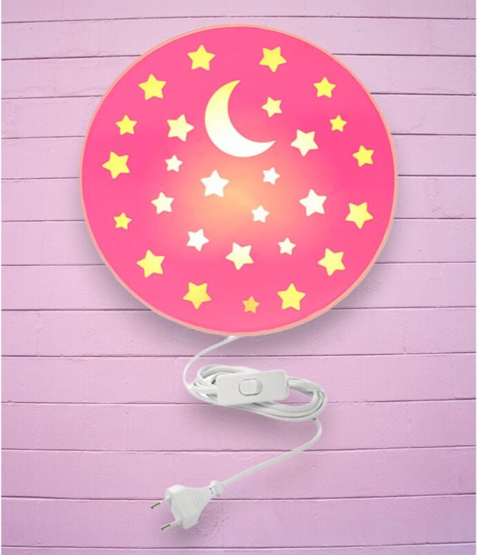 Kinderzimmer Wandlampe mit Mond & Sternen Pastellrosé Schalter und Stecker Ø25cm