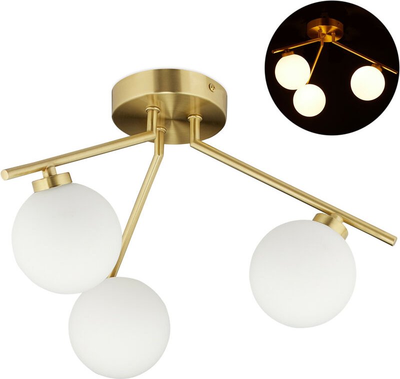 Relaxdays - Deckenlampe globi, 3-flammig, G9 Fassung, Kugeln aus Milchglas, Midcentury Lampe, h x d: 24,5 x 36 cm, gold