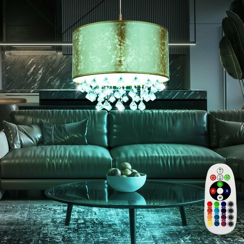 Kristall Pendel Decken Lampe Fernbedienung Textil Dimmer Leuchte im Set inkl. RGB LED Leuchtmittel