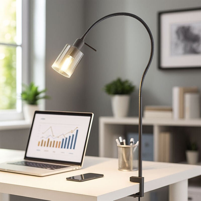 Thumbnail - Fischer&honsel - Klemmlampe iska Rauchglas Schwarz, Schwanenhals Leselampe, Breite 8,5cm