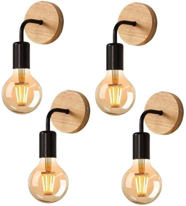 4-teilige industrielle Wandleuchte für den Innenbereich, schwarze Wandlampe aus Metall und Holz, Retro-Wanddekor-Wandleu...