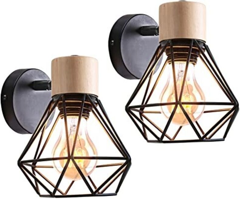 2er Set Industrielle Wandleuchten Design Metallkäfig Wandlampe Holz Dekoration Verstellbar Vintage Innenbeleuchtung für ...