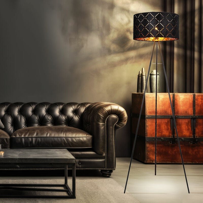 Stehlampe Stehleuchte Beistelllampe Wohnzimmerlampe Schlafzimmerleuchte Stativleuchte, 3 Beine textilschirm schwarz gold...