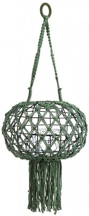 Bizzotto - Aufgehängte Laterne im Vintage-Stil aus Makramee, grüne Farbe 70h cm