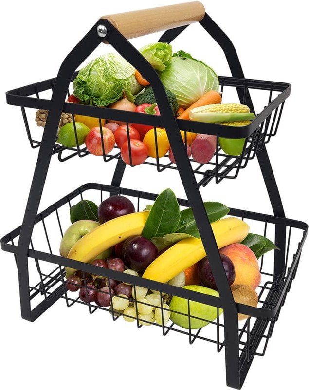 Thumbnail - Kücheneinrichtung & Zubehör Obst Etagere 2 Etagen Abnehmbar Obstkörbe aus Metall mit Holzgriff Halter Küche Ablagekorb H...