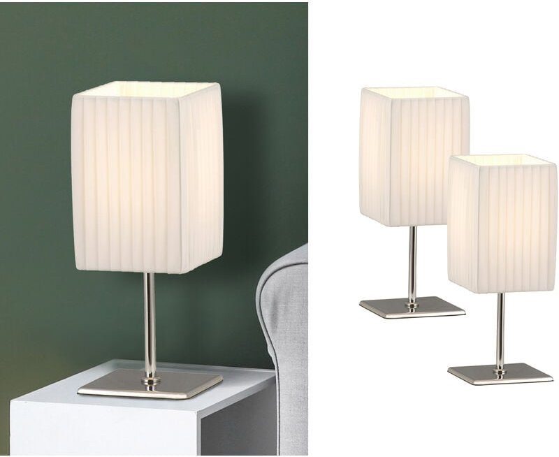 Globo - Tischleuchten Silber Chrom mit Plissee Stoffschirm Weiß - 2er Set, Höhe 26cm