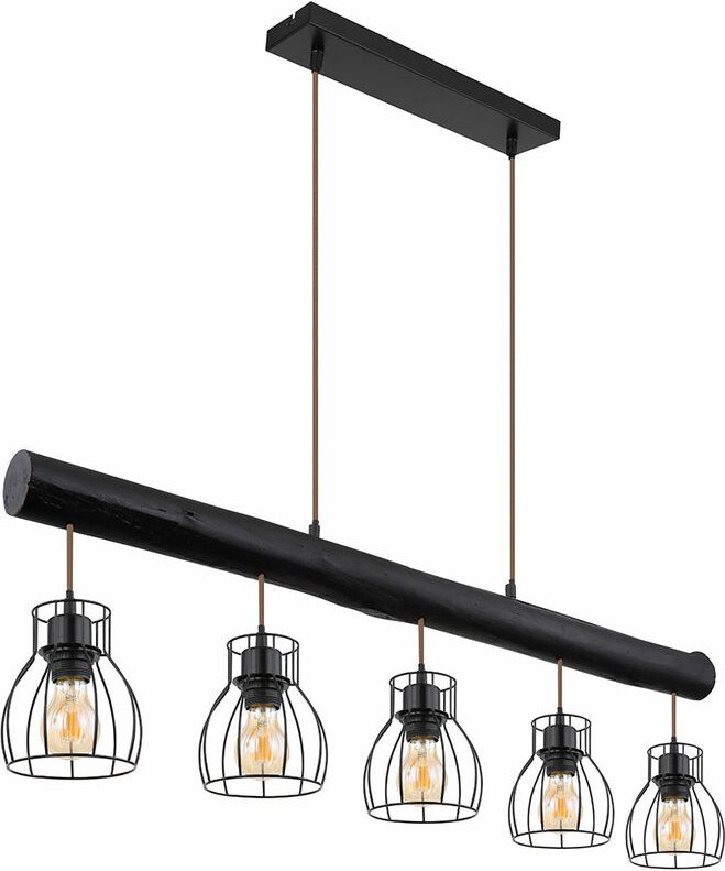 Pendelleuchte Holzstab Hängelampe Vintage Holz Esstischlampe Pendellampe mit fünf Käfigschirmen, Metall schwarz matt, 5x...