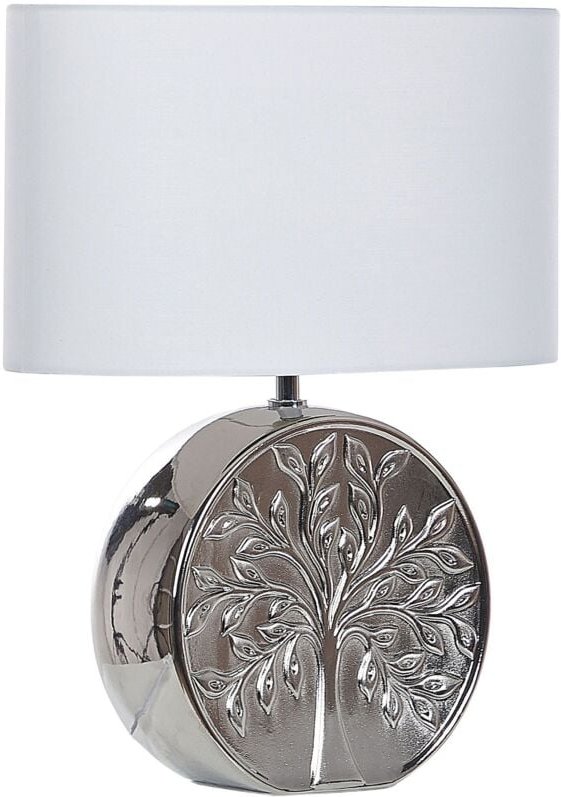Tischlampe Silber 49 cm Keramiksockel Glänzend mit Baummotiv Kabel mit Schalter Lampenschirm in Weiß Schlafzimmer Wohnzi...