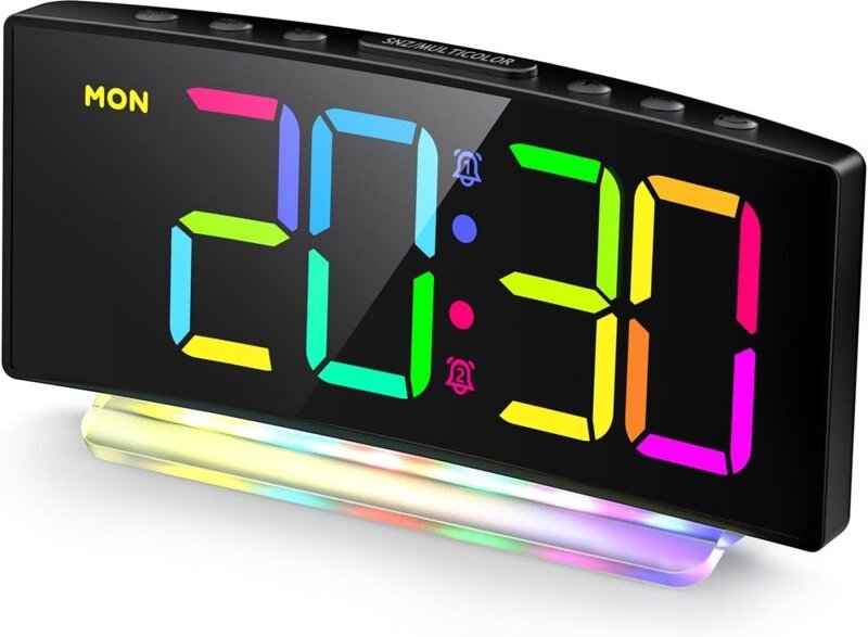 Gebogener digitaler LED-Wecker mit RGB-Beleuchtung, Dual-Alarm, 12/24-Stunden-Anzeige, einstellbarer Helligkeit (Netztei...
