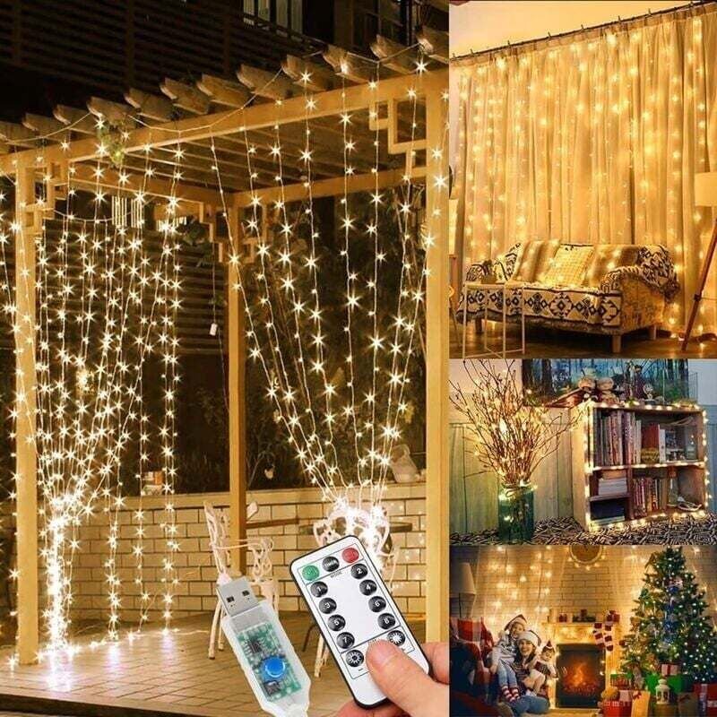 3 x 3 m Lichterkette mit 300 LEDs, 8 Leuchtmodi, für drinnen und draußen, für Hochzeiten, Weihnachtsbäume, warmweiß