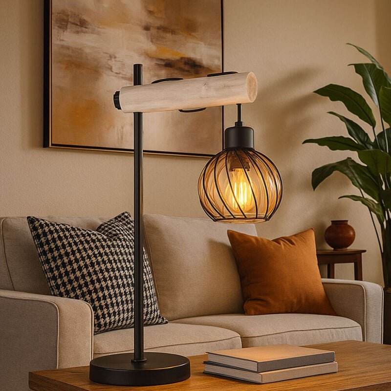 Tischleuchte Tischlampe Schreibtischleuchte, Beistelllampe mit Holzdetails, Designleuchte, Metall Glas, schwarz amber, m...