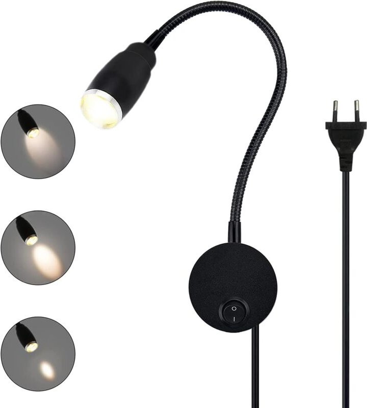 Leselampe Bett Wandmontage Einstellbarer Fokus Flexible Schwanenhals Wandleuchte LED Wand Leseleuchte mit Stecker und Sc...