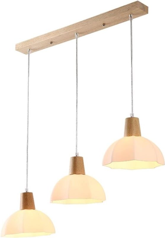 Pendelleuchte aus Holz und Glas, milchig-weiße Glas-Deckenleuchte, rustikale Hängeleuchte für Küche, Esszimmer, Insel, F...