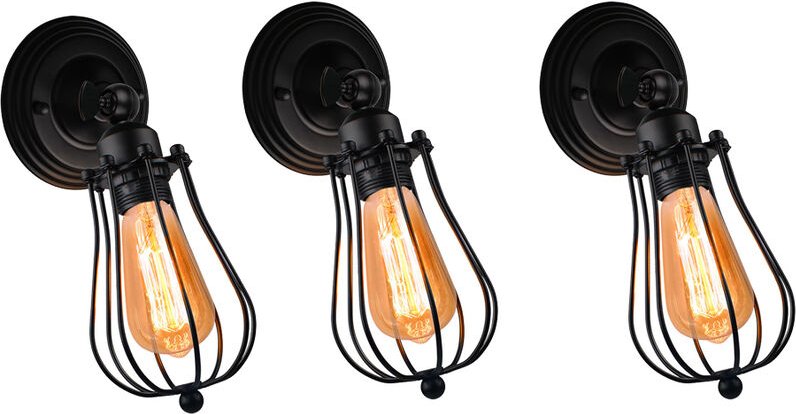 Wandleuchte Metall, Vintage Wandlampe mit Draht Käfig, Wandstrahler im IndustirAlles Stil Edison E27 Fassung Schwarz 3PC...