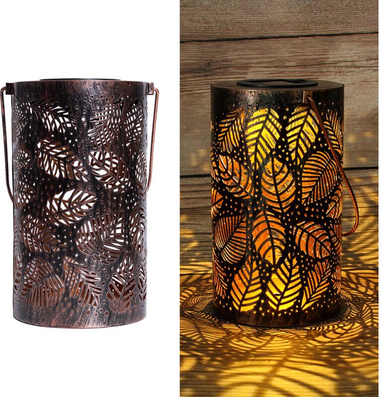 Wasserdichte Solar-LED-Gartenlaterne für den Außenbereich, zylindrische, hängende, hohle Blatt-Gartenlaterne, Metalldeko...