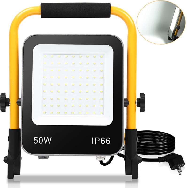 Jiubiaz LED-Baustrahler, IP66 Außenstrahler, 120° Abstrahlwinkel, 50W LED Fluter mit Stativ, 6000K Kaltweiß Arbeitslampe